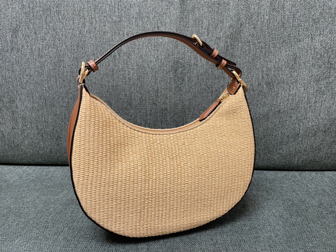 TOP FENDI Small Straw Weaving Fendigraphy Bags 10×29×24.5cm - Beige&GHW