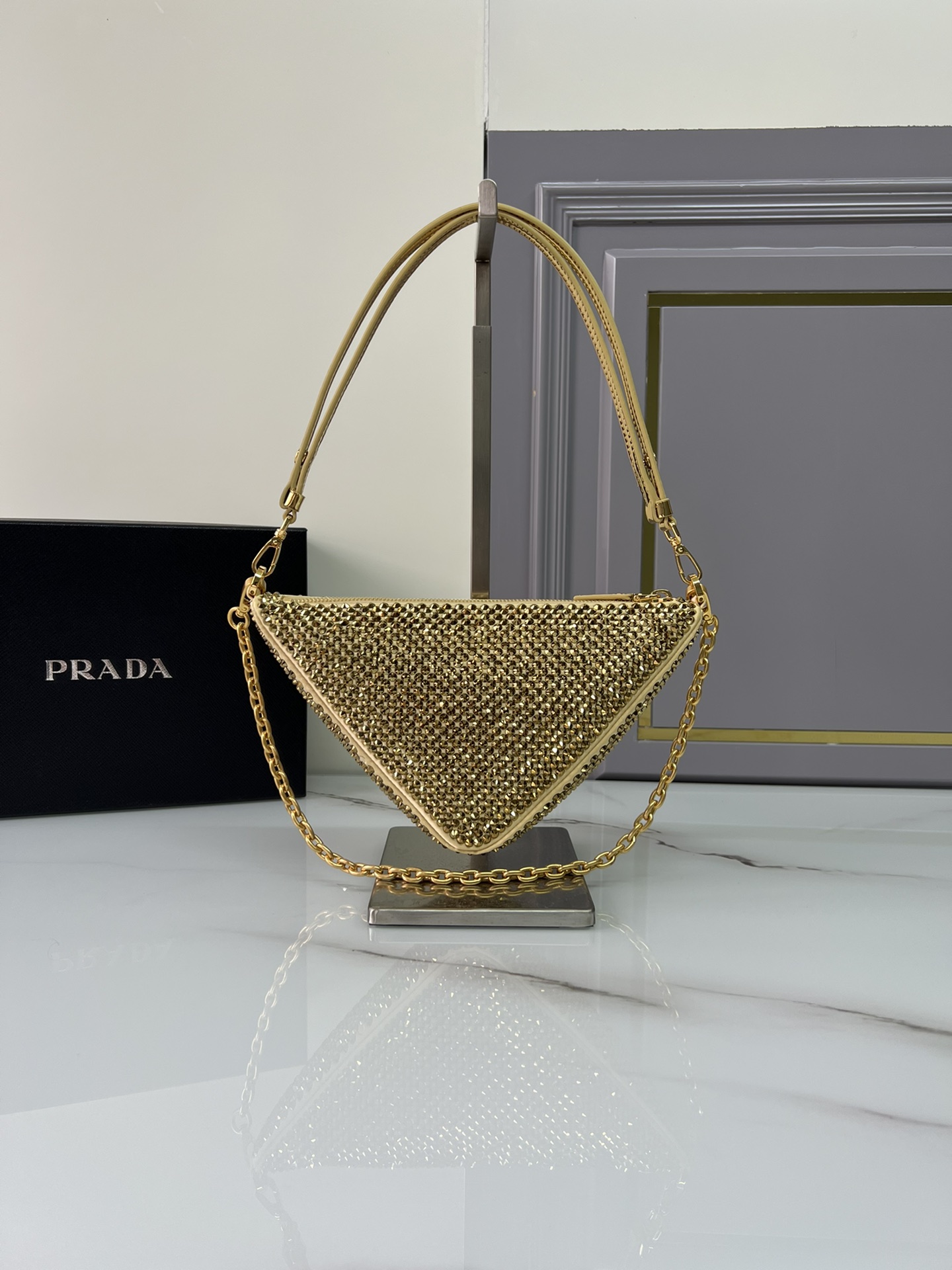 TOP PRADA Triangle Bag with Crystal Decoration Mini 26x15x6cm - Gold