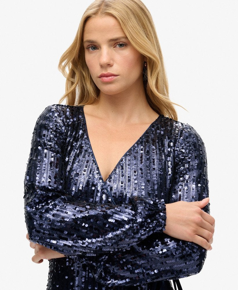 Sequin Wrap Maxi Dress | Navy Sequin