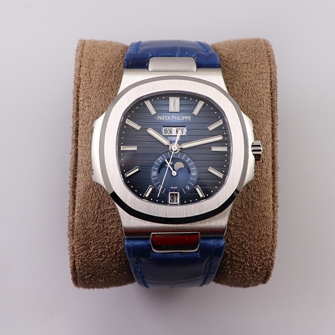 Patek Philippe Nautilus Men Watch, Blue Dial Moon Phase Calendar Automatic Wrist Watch, Blue Leather Strap Luxury Business Watch