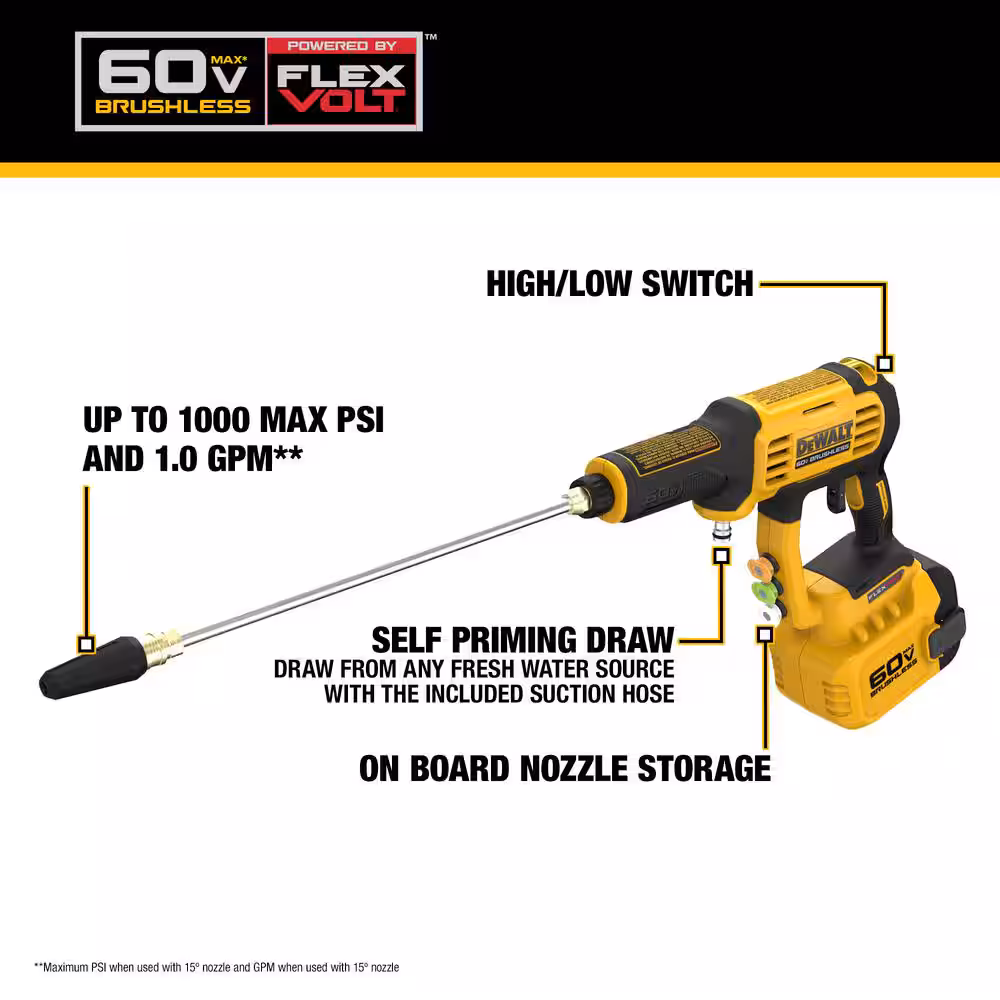 FLEXVOLT 60V MAX 1000 PSI 1.0 GPM Cold Water Cordless Battery Power Cleaner Kit w/(1) FLEXVOLT 3 Ah Battery and Charger