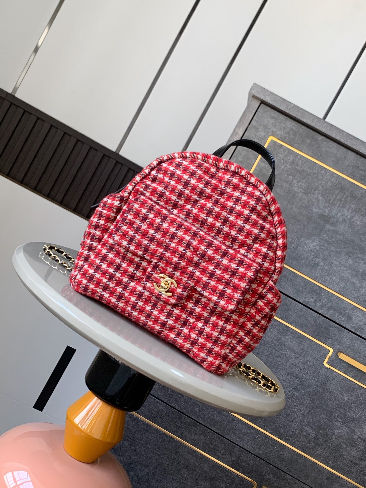 TOP CHANEL Houndstooth Backpack 28×26×11cm - Red