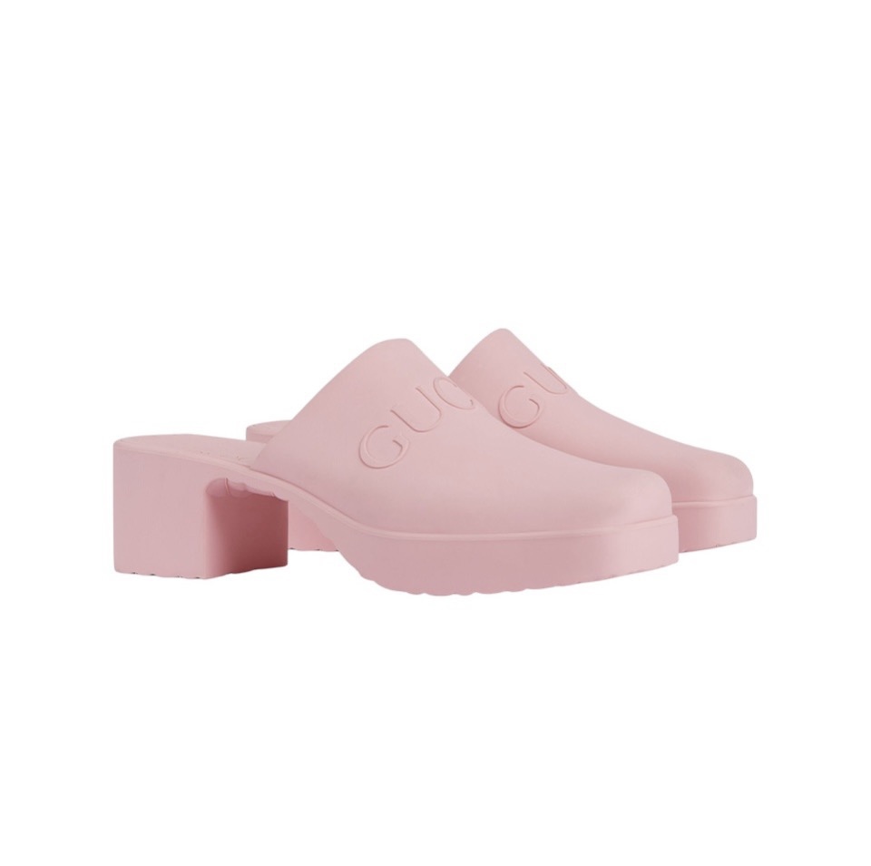 Gucci Shoes Open-Heel Bun Embossed Logo Chunky Heel Slide Sandal (Replica)