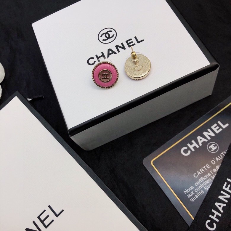 TOP CHANEL Double C Metal Round Stud Earrings - Pink