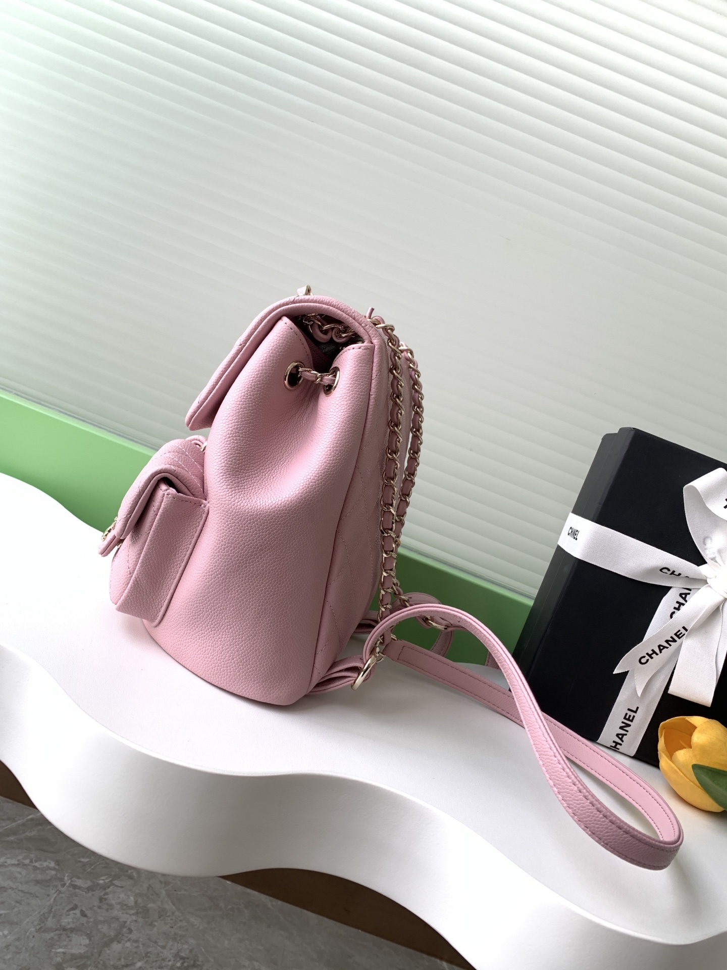 TOP CHANEL Duma Backpack Bag Lychee Pattern Cowhide 21x20x12cm - Pink