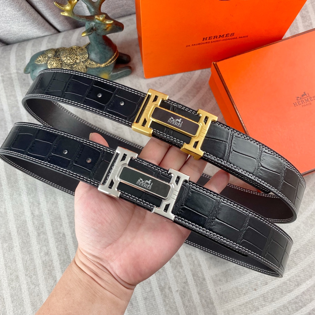 HERMES Men's H Buckle Crocodile Texture Leather Belt, Business Casual Waist Strap