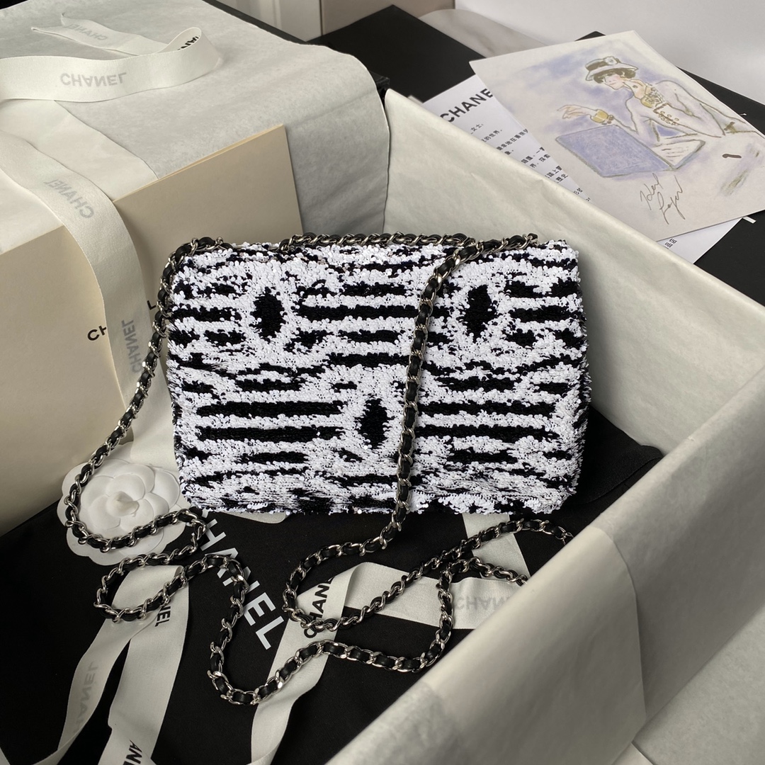 TOP CHANEL Black and White Striped Sequins Bag 20cm - Black and White