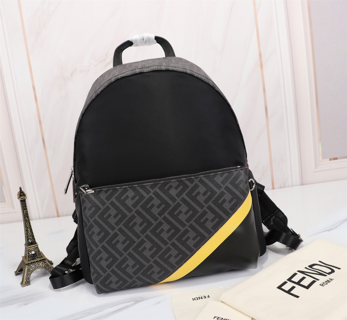 TOP FENDI Nylon stitching black leather backpack - 34×38×14cm - Black