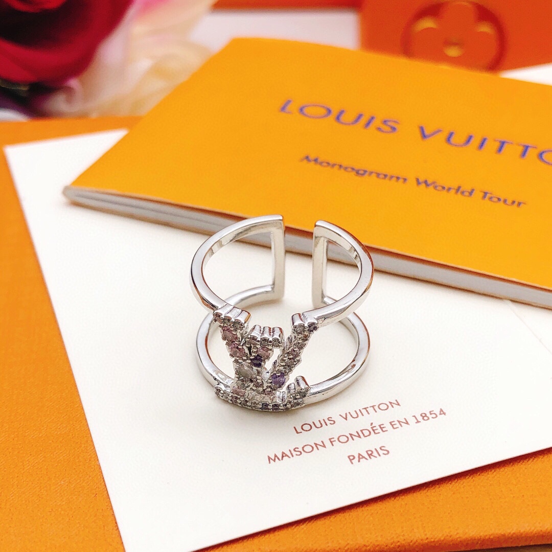 TOP Louis Vuitton LV Colored Diamond Ring-Sliver
