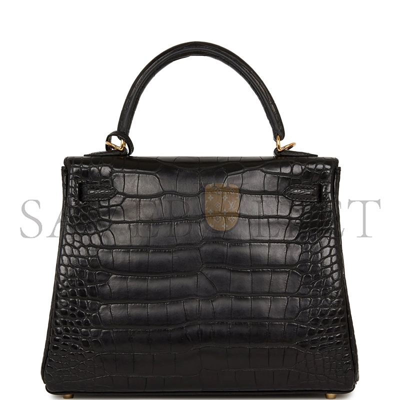 HERMÈS KELLY RETOURNE 25 BLACK MATTE ALLIGATOR GOLD HARDWARE (25*20*13cm)
