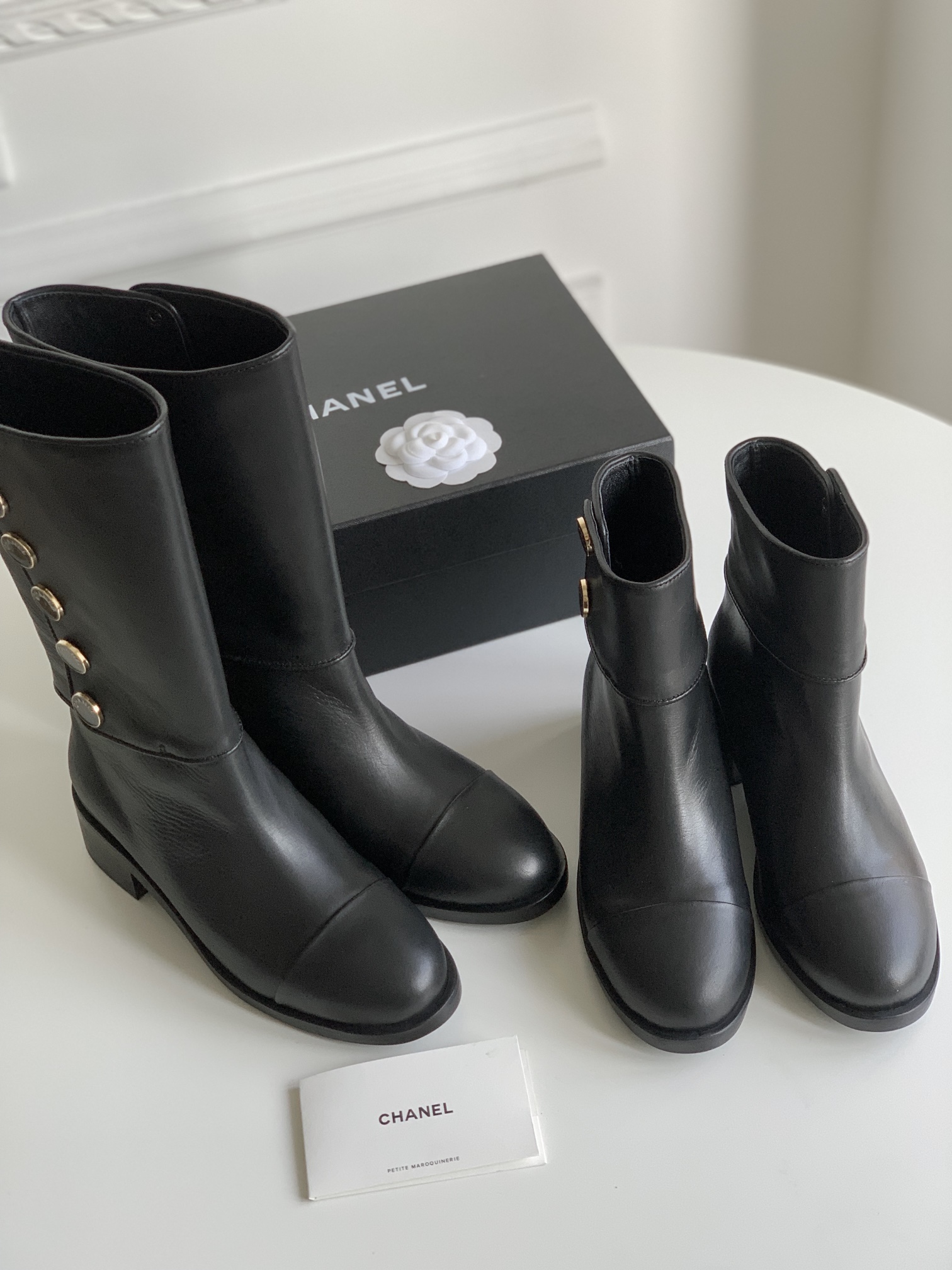 TOP CHANEL Button Series Cowhide Boots - Black