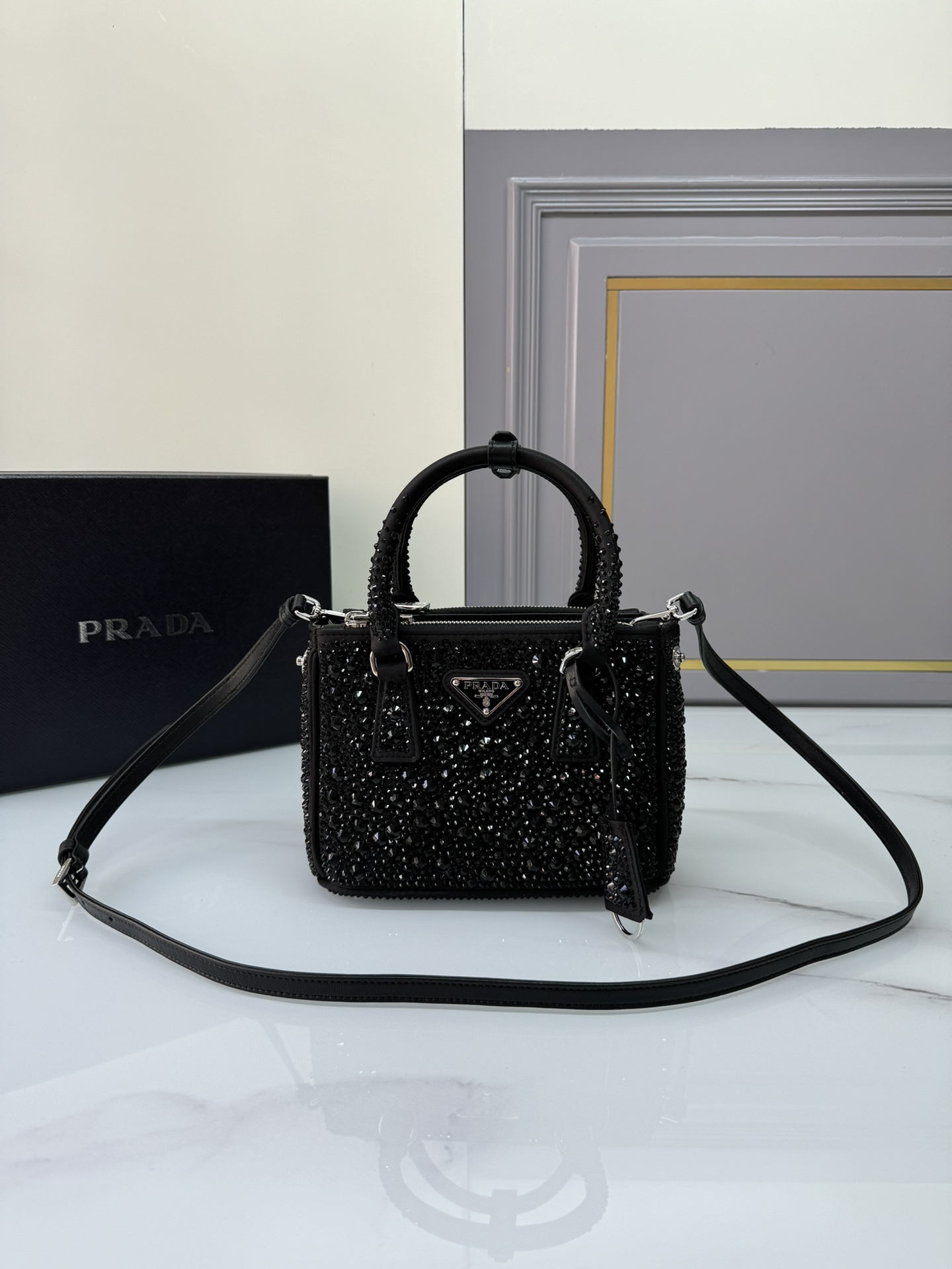 TOP PRADA Galleria Bag Crystal Mini 20x15.5x9.5cm - Black
