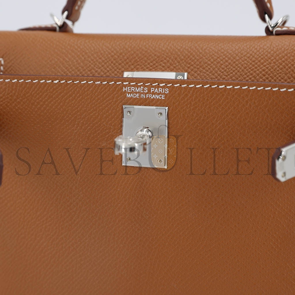HERMÈS MINI KELLY SECOND GENERATION GOLDEN BROWN EPSOM SILVER BUCKLE (19*12*5.5cm)