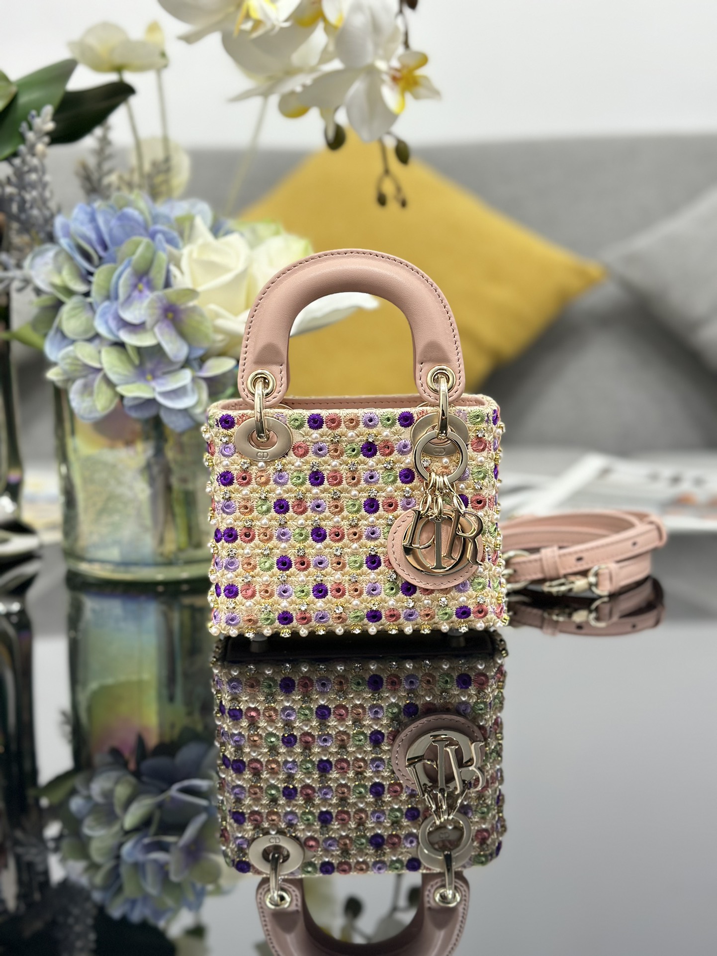 TOP Christian Dior Lady Dior Mini Embroidered Mirror Beads 12*10.2*5cm - Pink - GHW