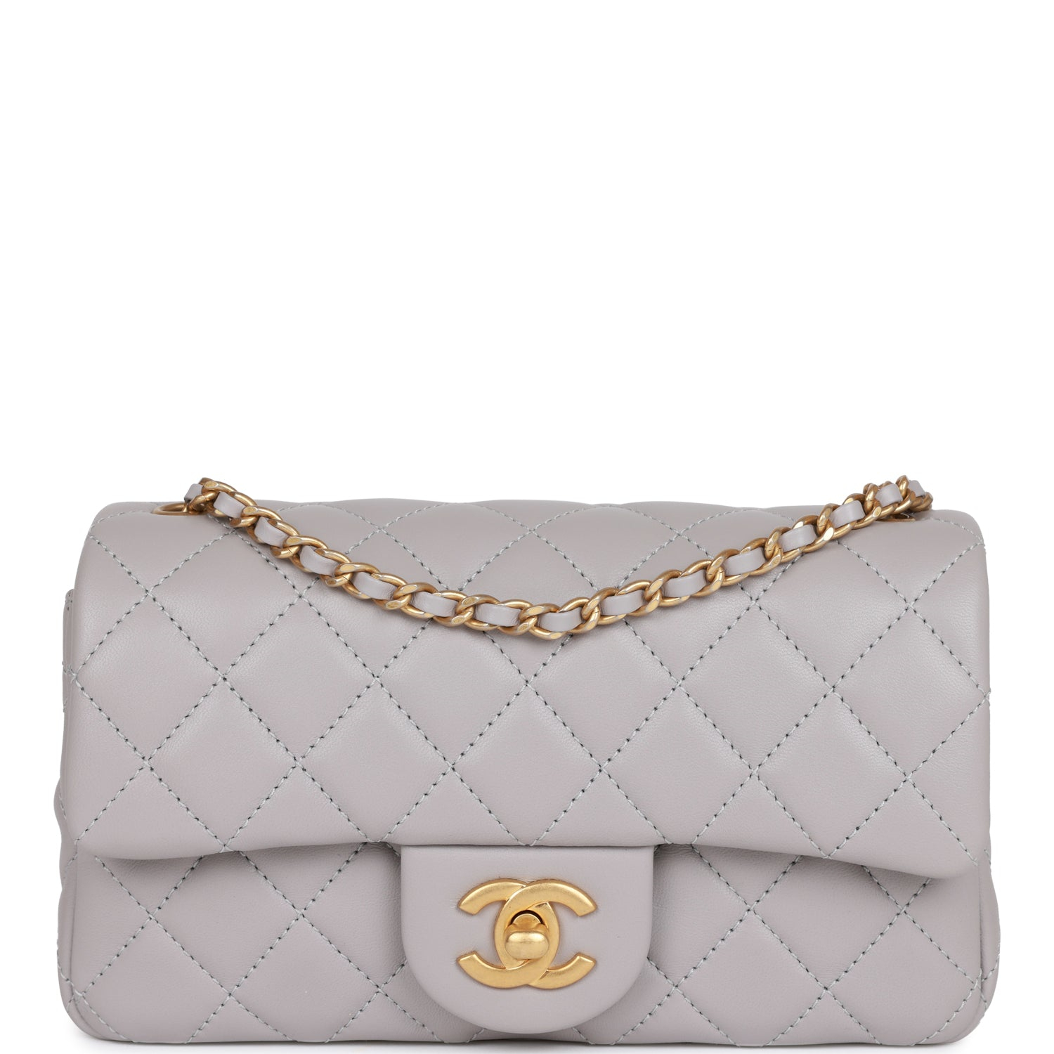 Chanel Classic Flag Bag Pearl Crush Mini Rectangular Flap Bag Light Grey   Antique Gold Hardware(7A regular version)