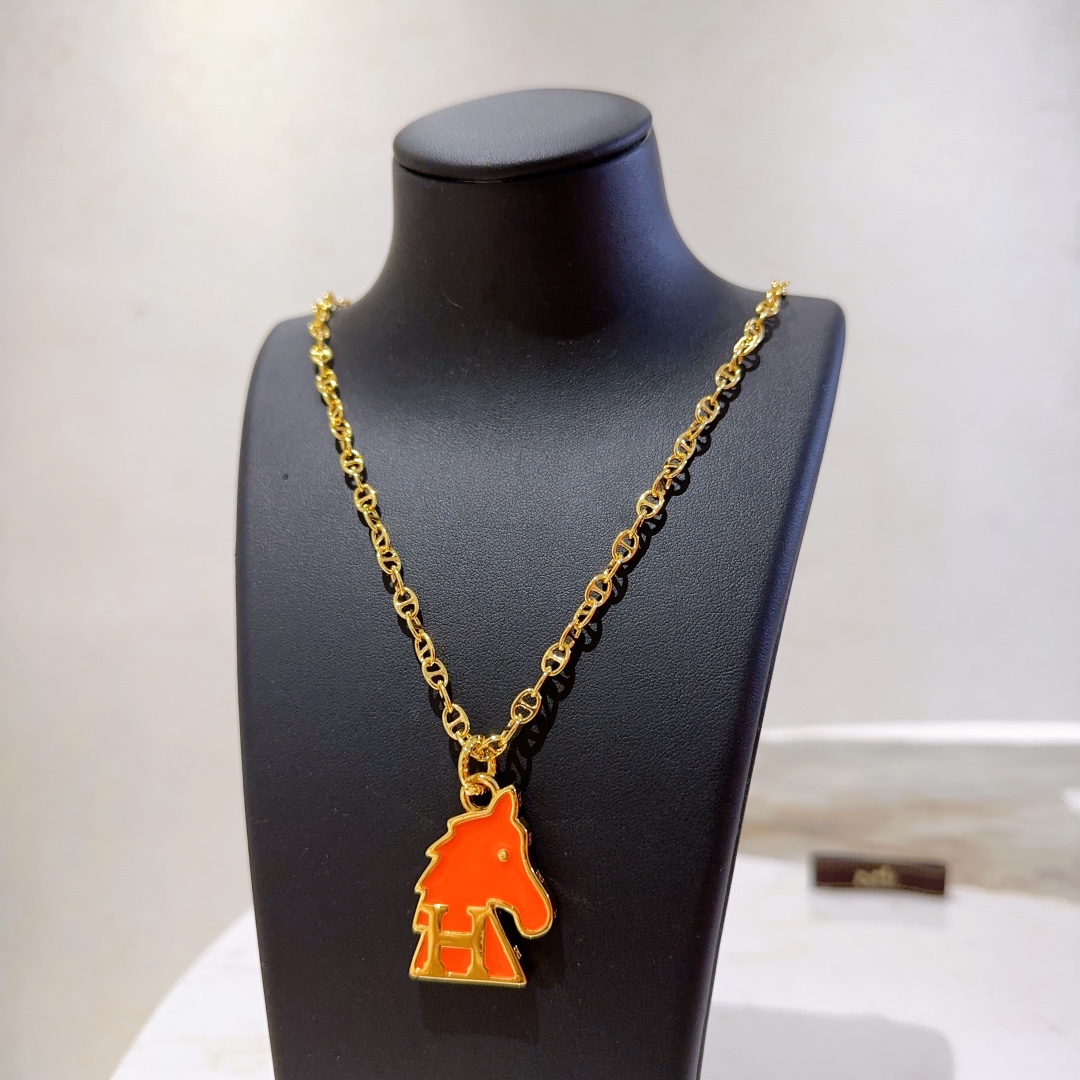 TOP HERMES Horse Long Necklace-Gold