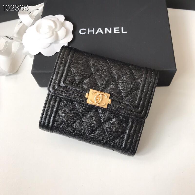 TOP CHANEL Boy Trifold Wallet Caviar Skin - Black W GHW