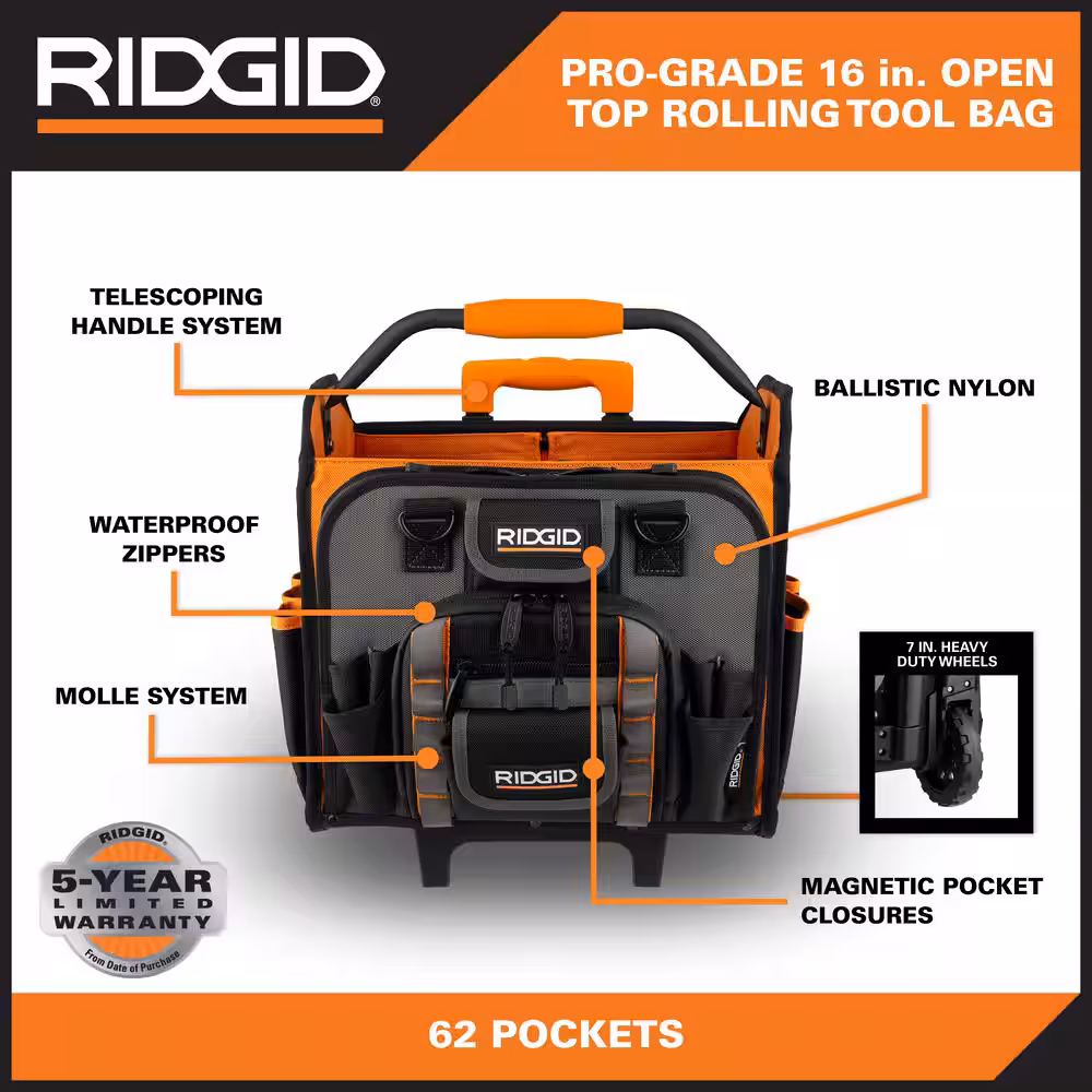 17 in. 62 Pocket Professional Grade Open Top Rolling Tool Bag