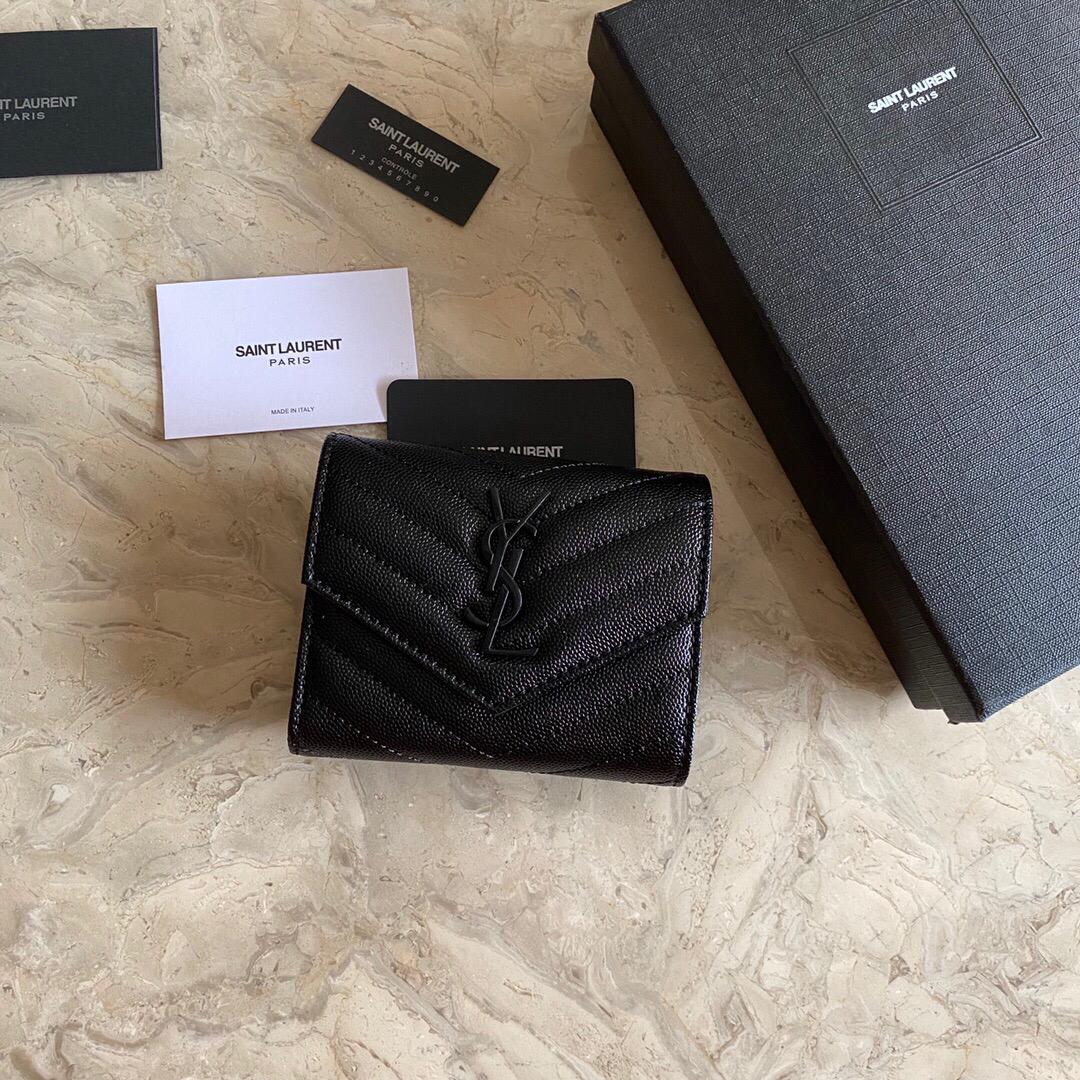 TOP Yves Saint Laurent YSL Trifold Wallet Caviar Leather - Black on Black