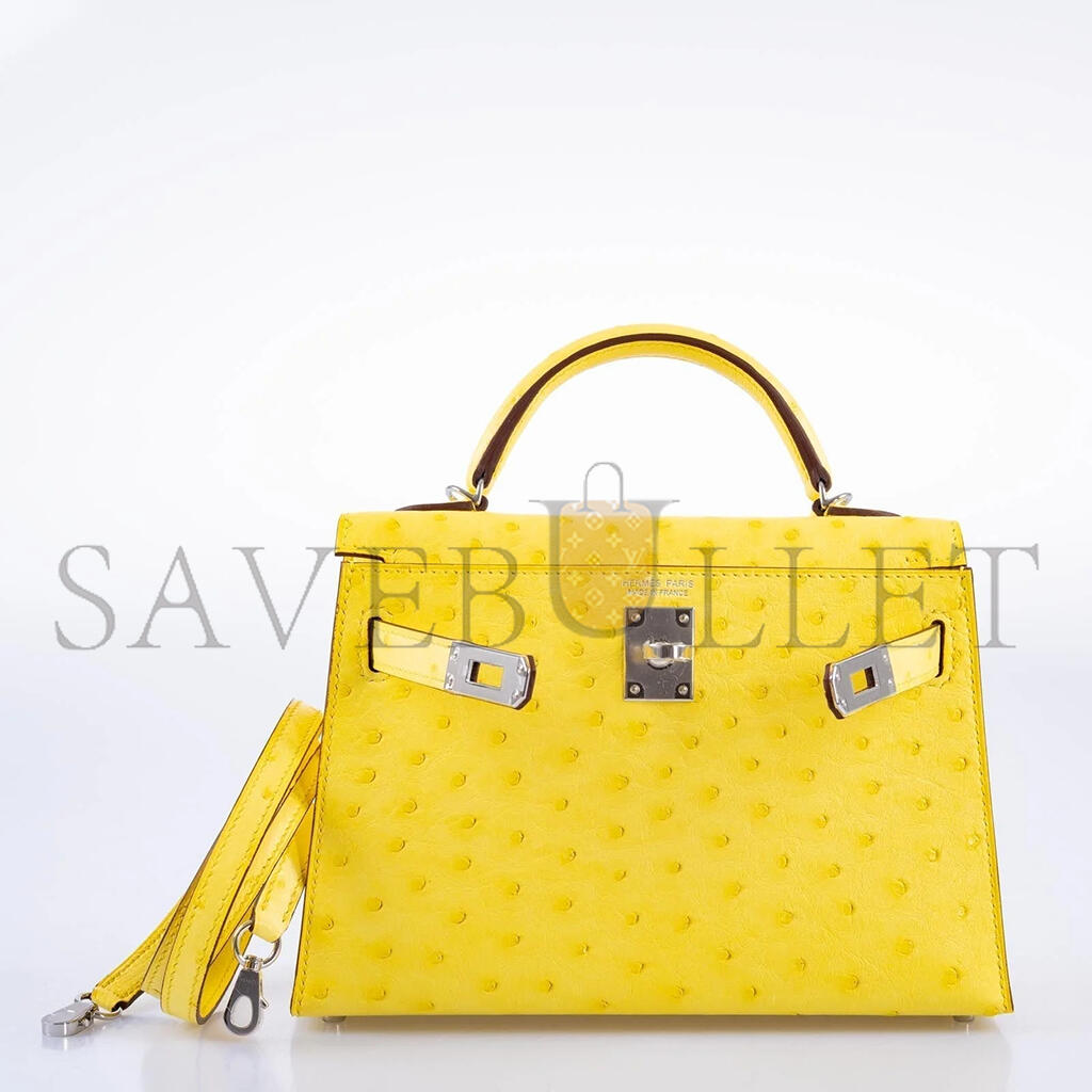 HERMÈS MINI KELLY II SELLIER JAUNE CITRON OSTRICH PALLADIUM HARDWARE (19*12*5.5cm)