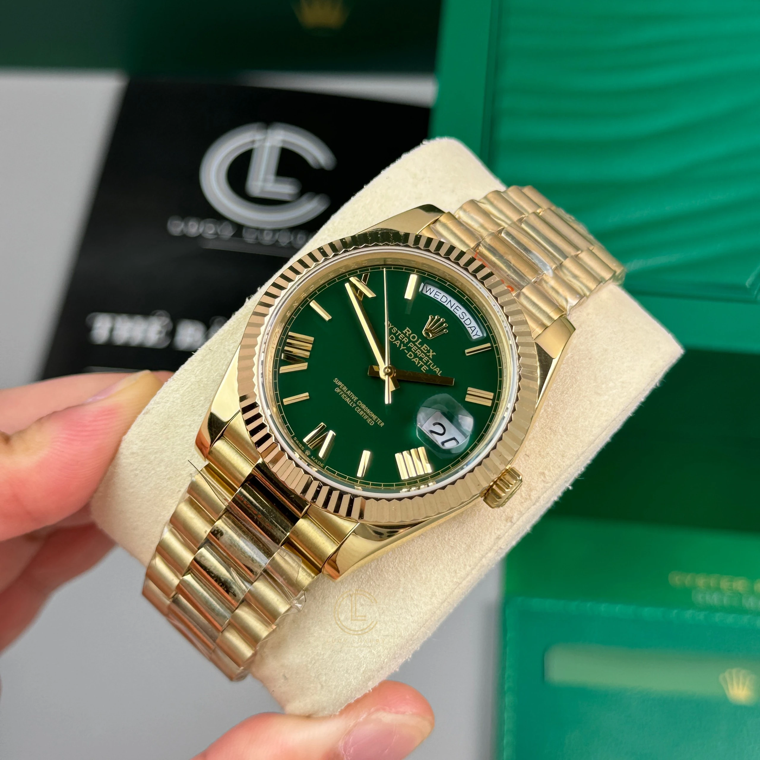 AAAWatch Rolex Oyster Perpetual Day‑Date Men’s Automatic Watch, Green Dial, Fluted Bezel, Full Yellow Gold President Bracelet Luxury Wristwatch