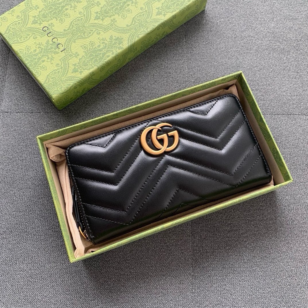 TOP GUCCI Marmont Series Zippered Wallet - Black&GHW