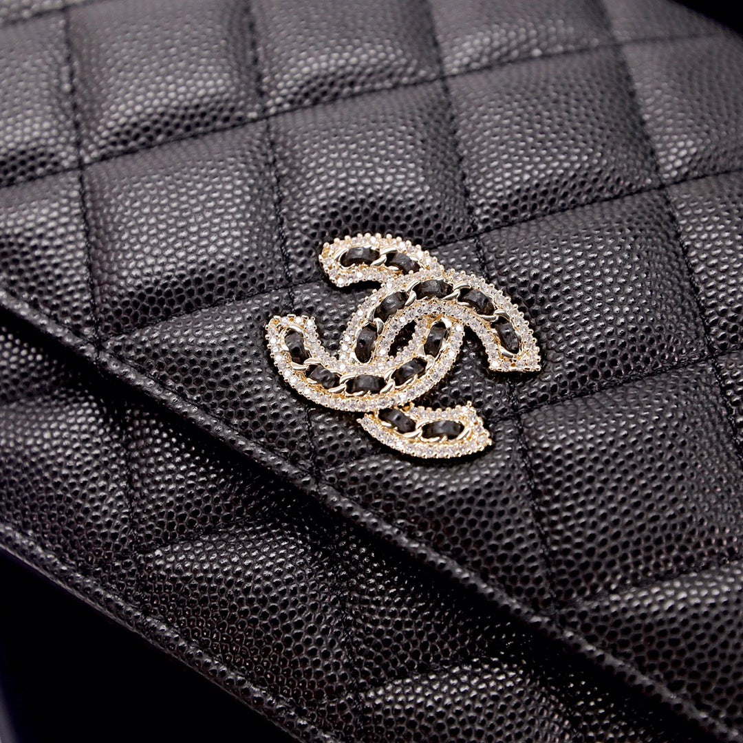 TOP CHANEL WOC Bag Quilt Caviar Bling Bling Logo - Black