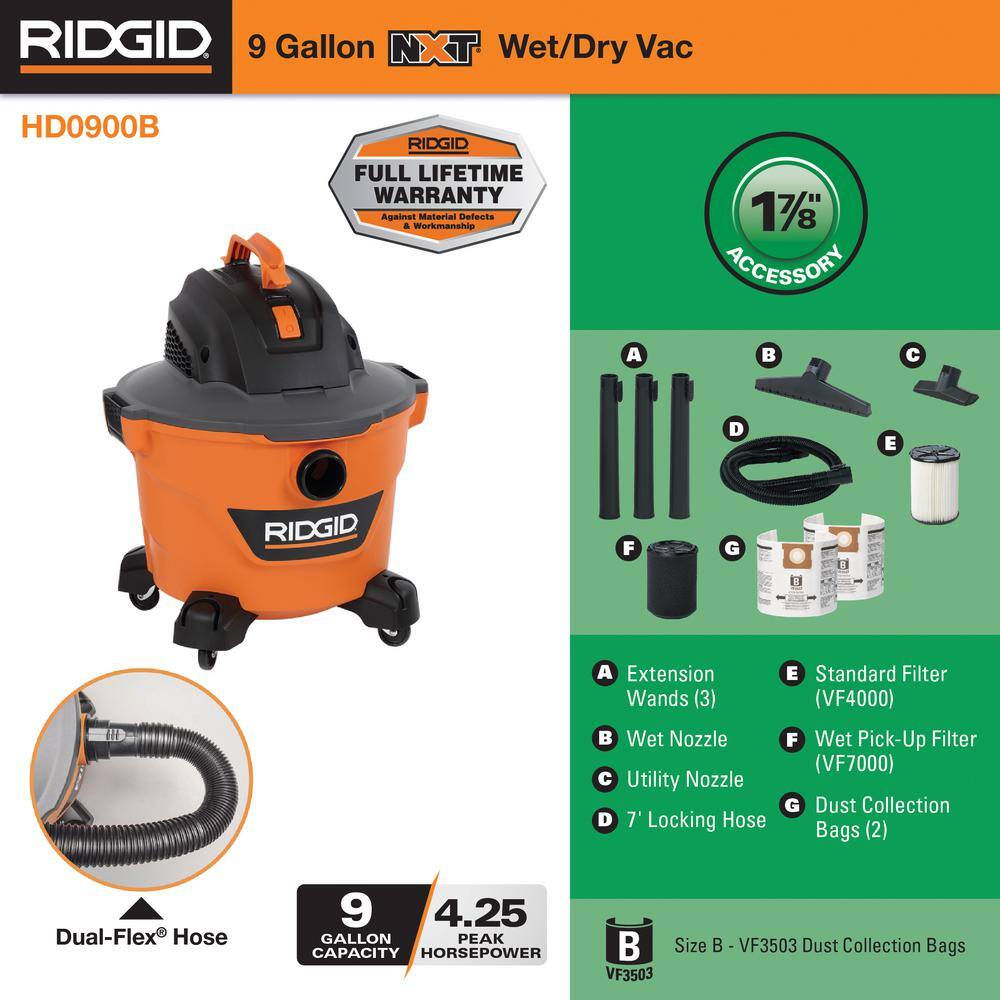 9 Gallon 4.25 Peak HP NXT Shop Vac Wet Dry Vacuum with General Debris Filter, Wet Filter, Dust Bags and Accessories