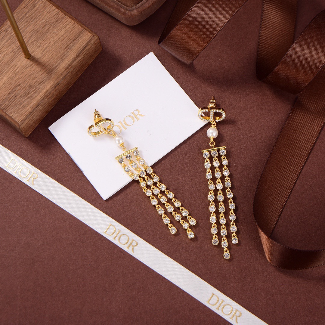 TOP Christian Dior Tassel Brass Diamond earrings - Gold