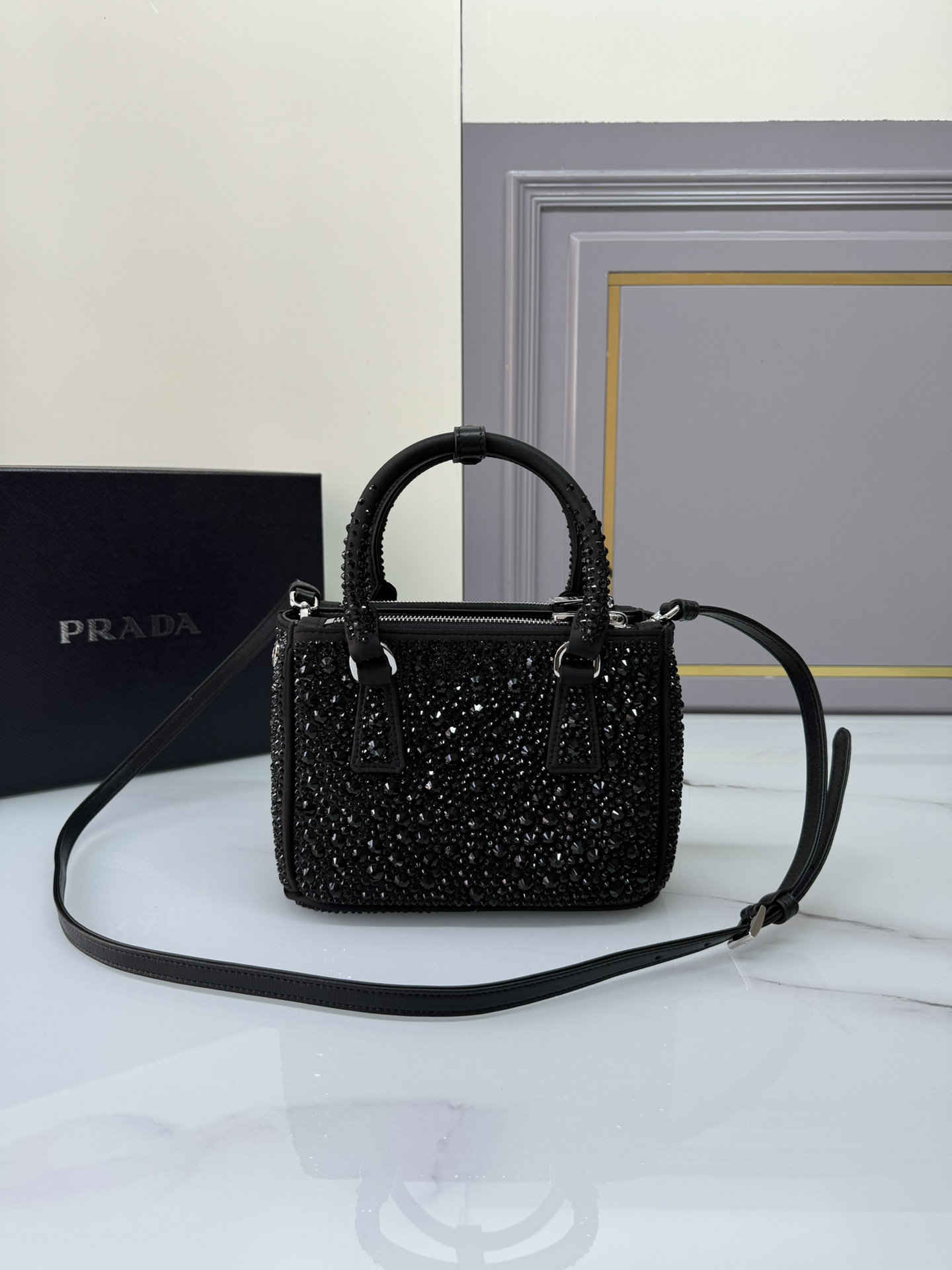 TOP PRADA Galleria Bag Crystal Mini 20x15.5x9.5cm - Black