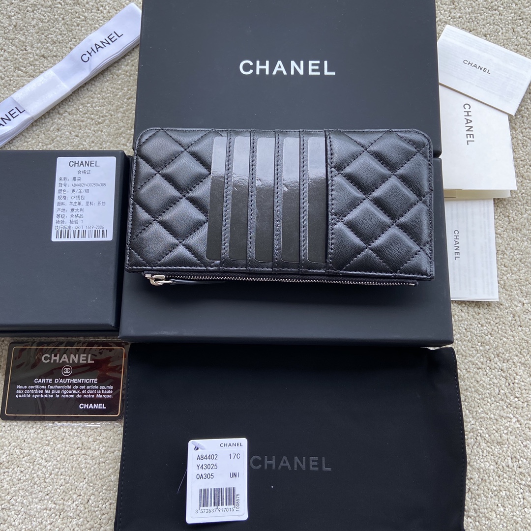 TOP CHANEL Wallet Calfskin/Lambskin 19.5×10×3cm - Black & GHW/SHW