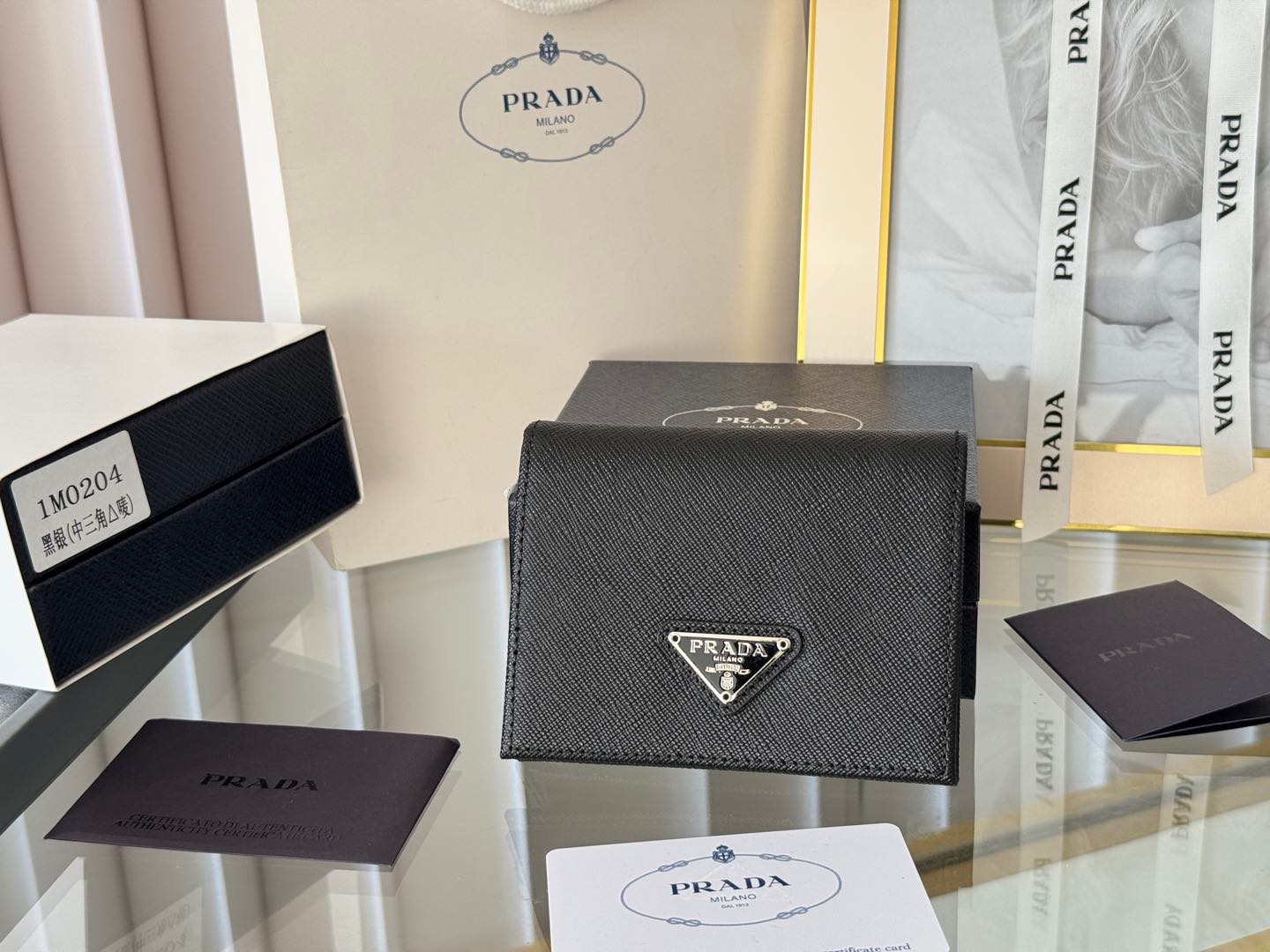 TOP PRADA Plain Leather Folding Wallet 11.2x9.5cm - Black