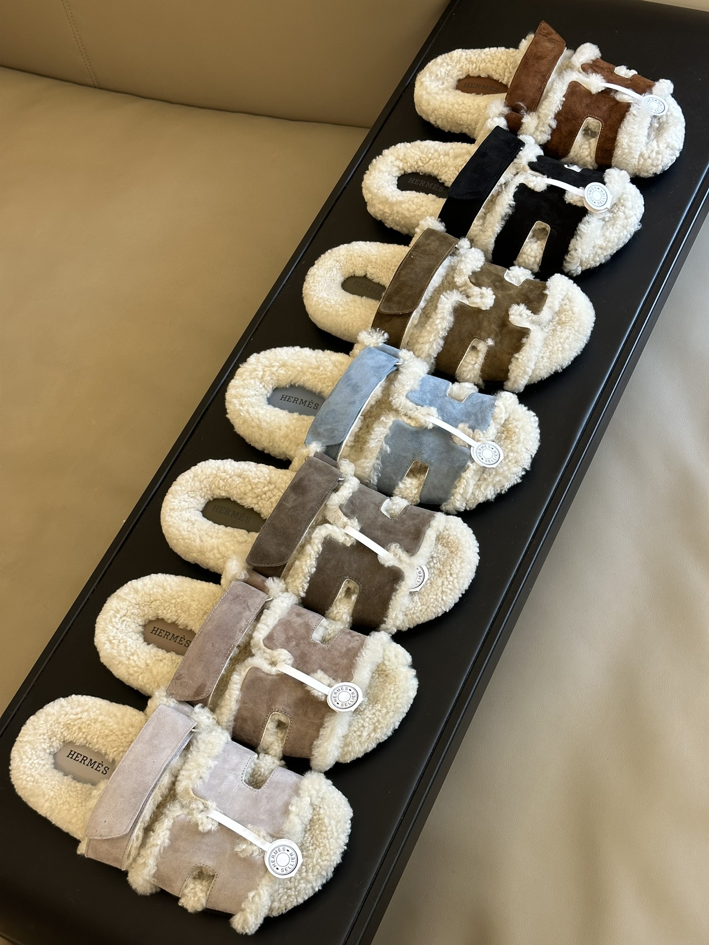 TOP HERMES Leather And Fur Integrated Roll Cake And Fur Slippers 12 Colors - SHW