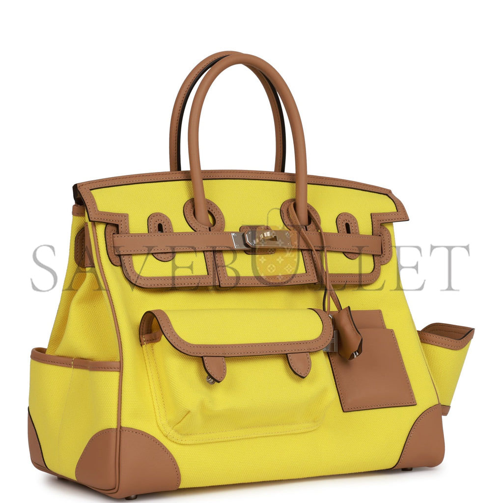 HERMES MASTER BIRKINBIRKIN 35 CARGO JAUNE CITRON TOILE AND CHAI SWIFT PALLADIUM HARDWARE (35*28*18cm)