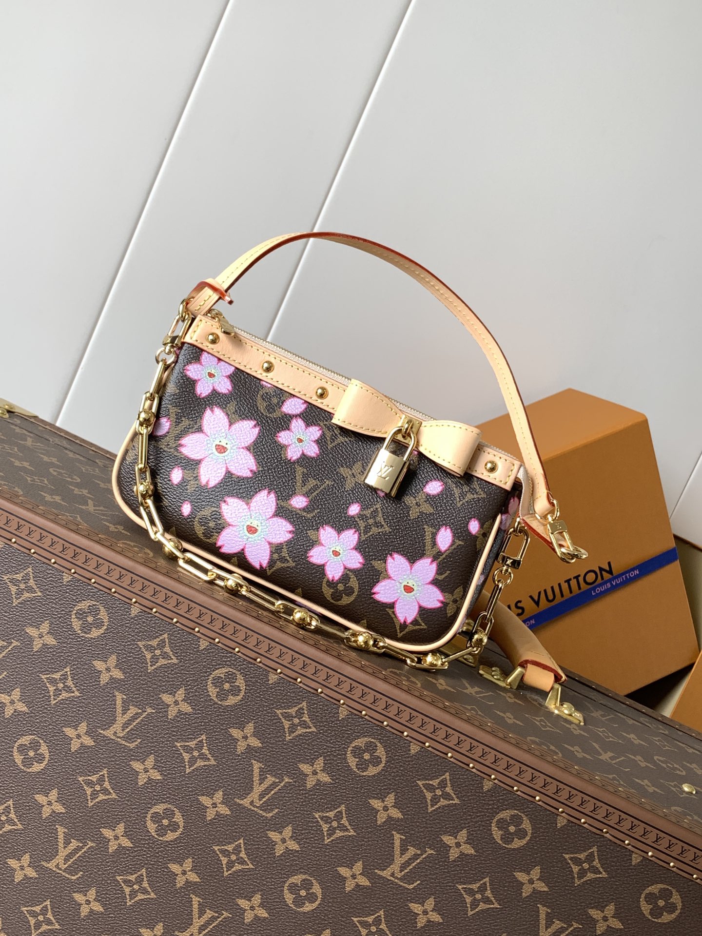 TOP Louis Vuitton LV Monogram Pochette Accessories Bag with Cherry Blossom Pattern 13x4x22cm - Brown