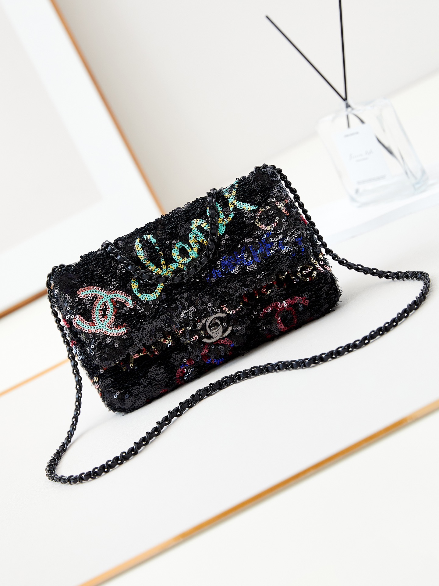 TOP CHANEL Flap Bag with Colorful Letter Sequins 14x21x8cm - Black