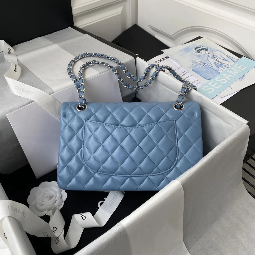 TOP CHANEL Classic Flap Bag Lambskin Medium 15.5×25.5×6.5cm – Blue & SHW