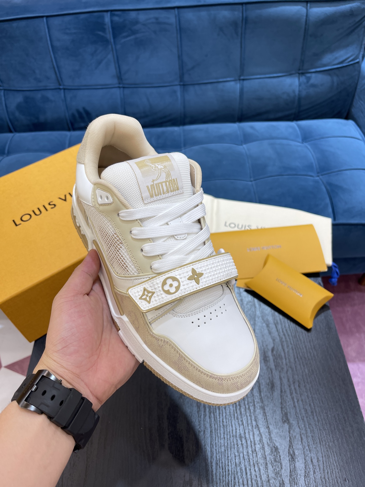Louis Vuitton Trainer Sneaker Beige Monogram Denim Velcro Strap Low‑Top Unisex Shoes 1A9ZC0