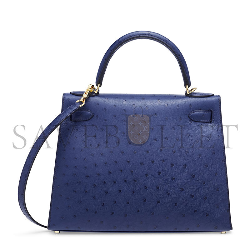 HERMÈS OSTRICH SELLIER KELLY 28 IRIS BLUE WITH GOLD HARDWARE (28*22*10cm)