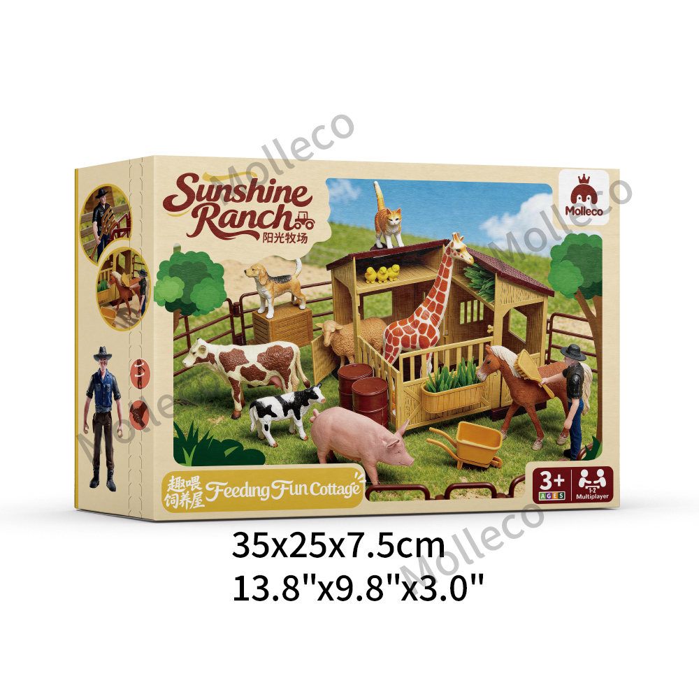 Molleco Animal Figure Toy Set for Kids and Children ST079 12 Animals + Farmer + Feeding Shed + Props