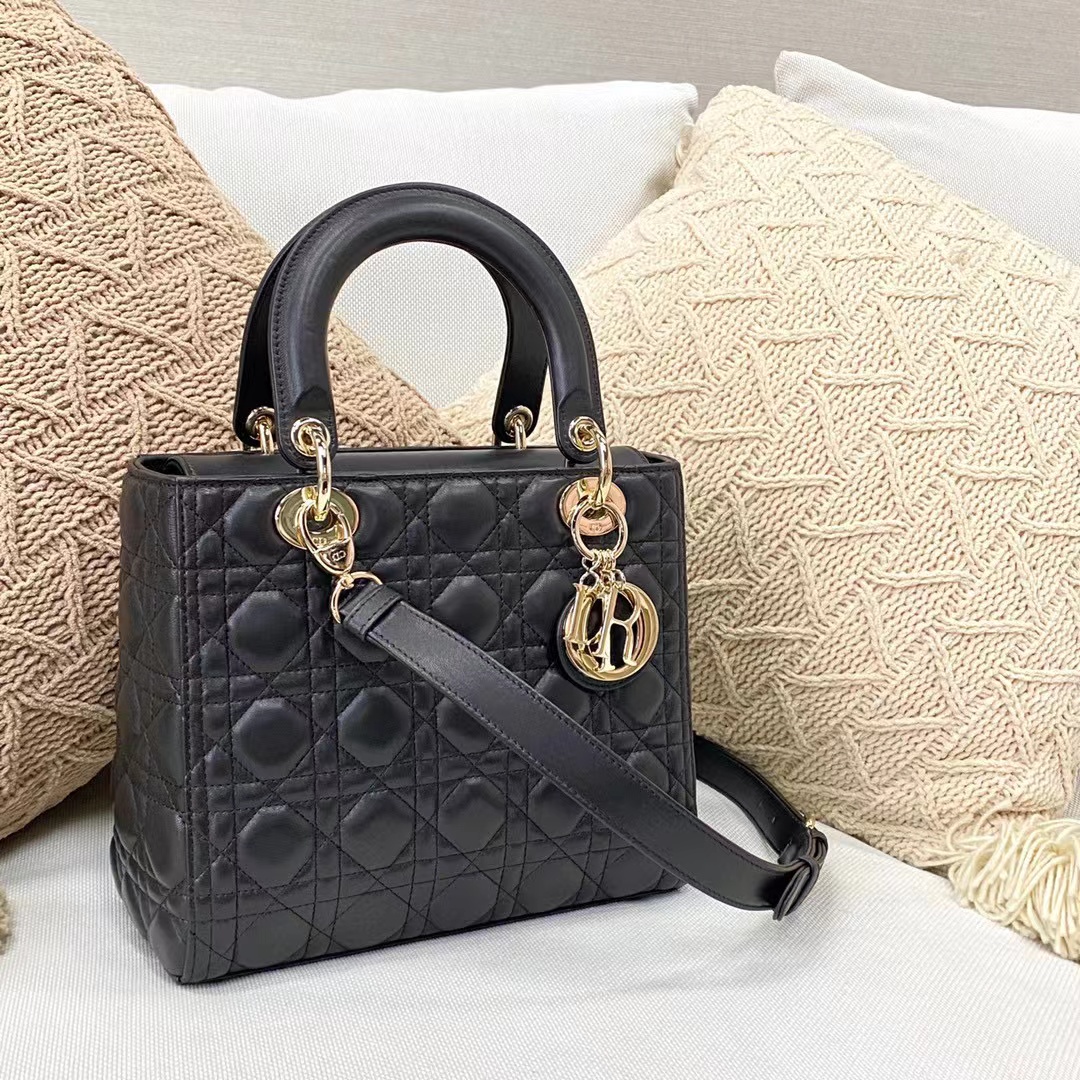 TOP Christian Dior Lady Christian Dior Bag Lambskin Medium - Black - 24CM
