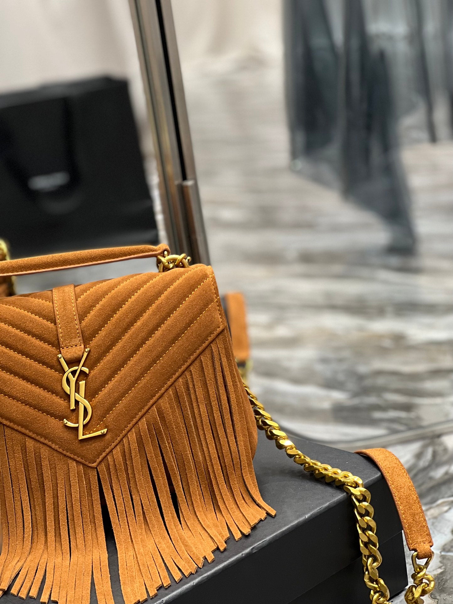 TOP Yves Saint Laurent YSL College Fringe Suede Small Bag - Brown GHW