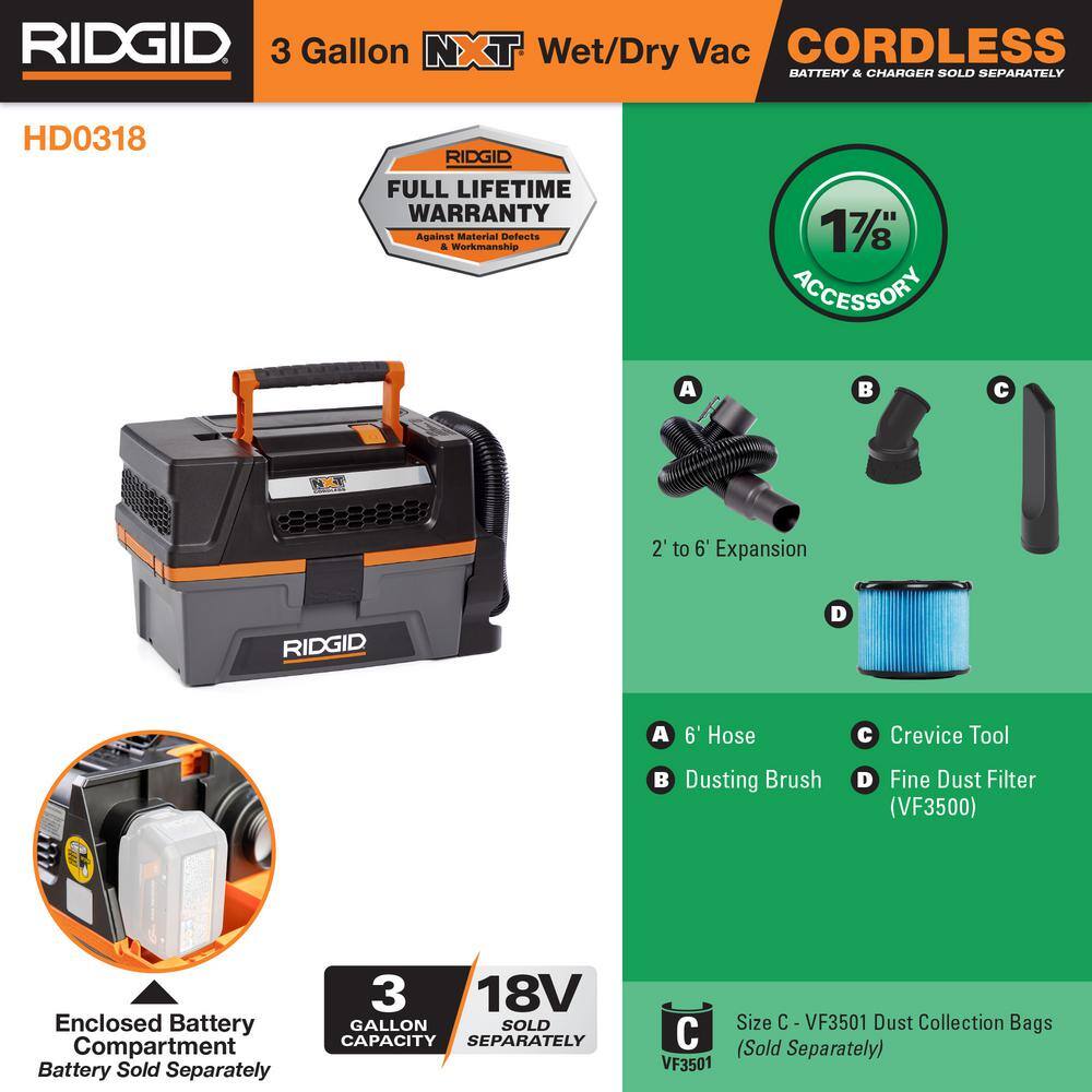 3 Gallon 18-Volt Cordless Handheld NXT Shop Vac Wet Dry Vacuum (Tool Only) with Filter, Expandable Hose and Accessories
