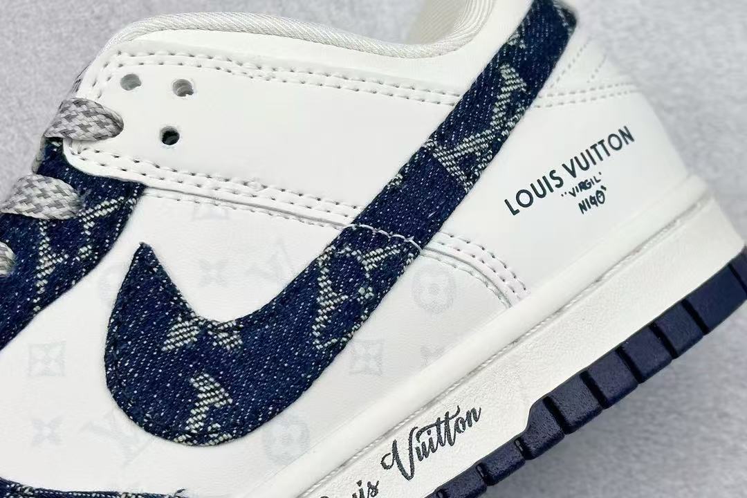 AAAShoes Men Women Low Top Casual Sneakers, White Leather Navy Denim Jacquard Skate Shoes