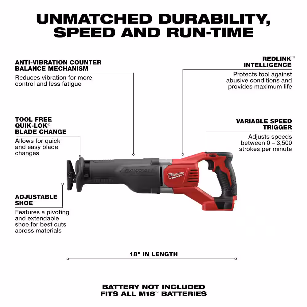 M18 18V Lithium-Ion Cordless SAWZALL Reciprocating Saw (Tool-Only)