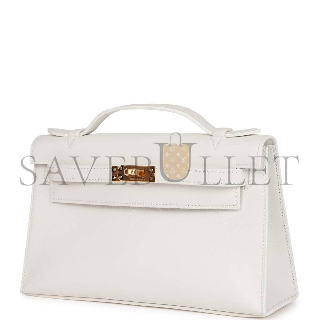 HERMES MINI KELLY POCHETTE WHITE SWIFT GOLD HARDWARE H049417CC01 (22*13*7cm)