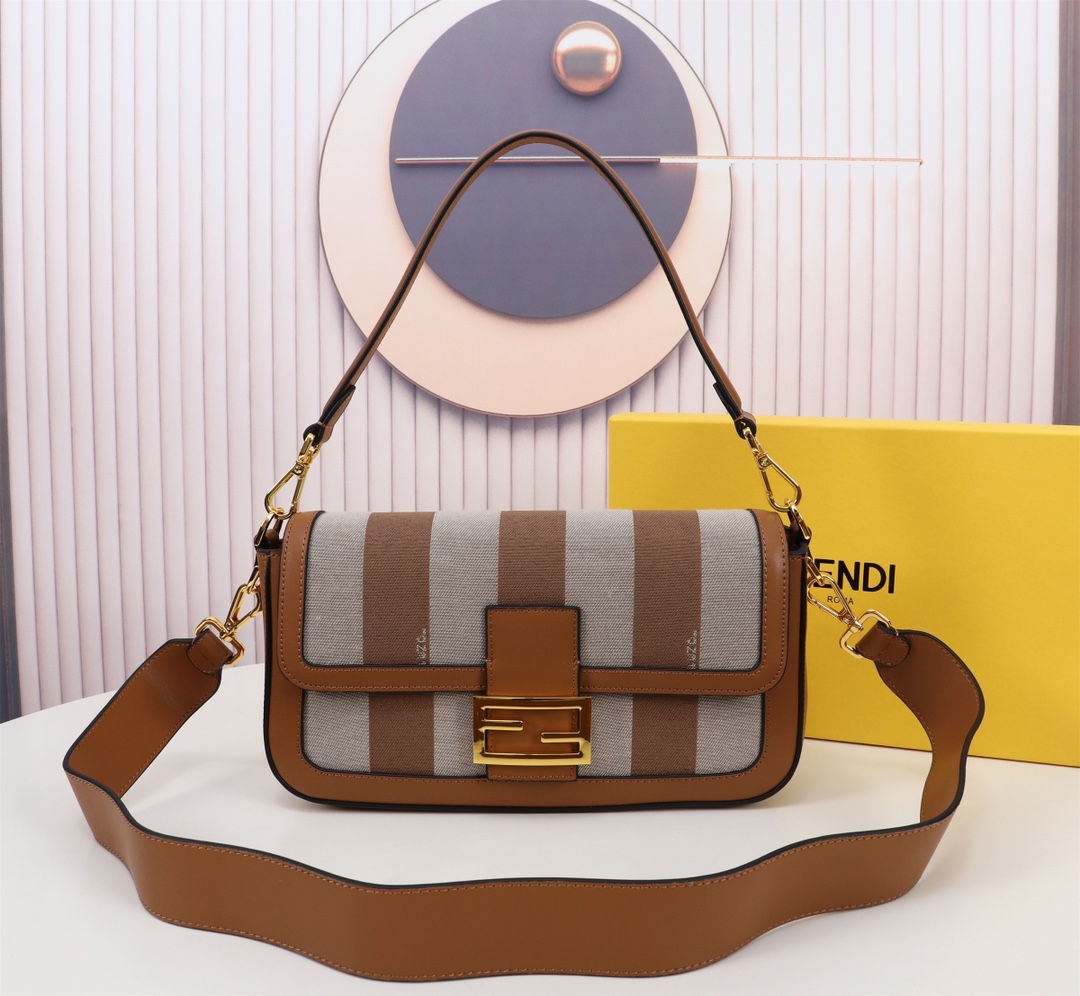 TOP FENDI Baguette FF Bag with Pequin Plaid Pattern 27x15x6cm - Brown