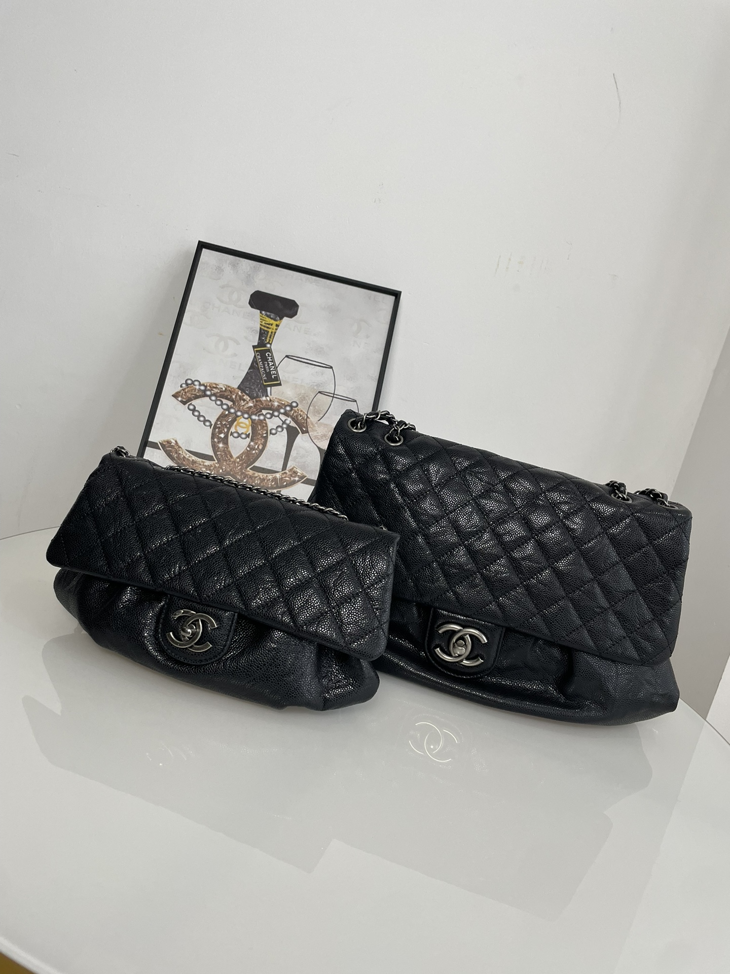 TOP CHANEL Vintage Flab Bag 30cm/40cm - Black&SHW