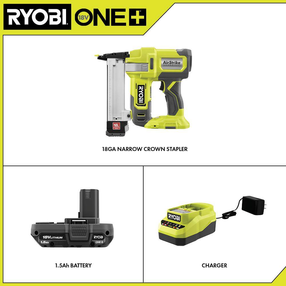 ONE+ 18V 18-Gauge Cordless AirStrike Narrow Crown Stapler Kit with 1.5 Ah Battery and Charger