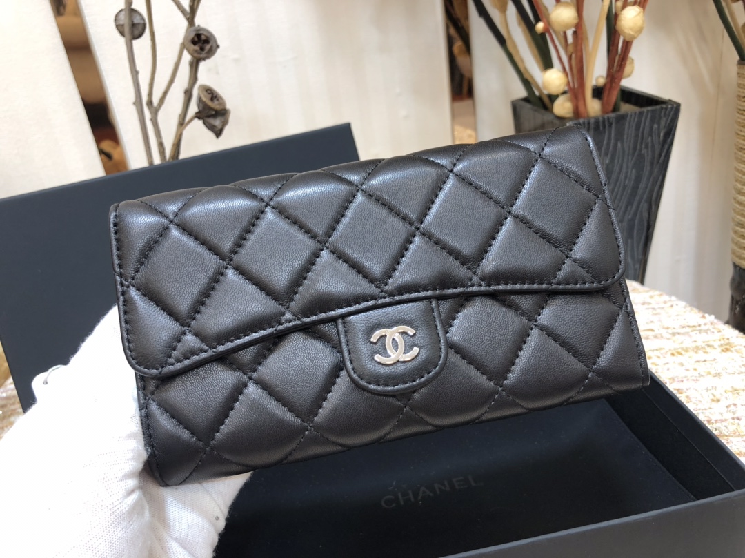 TOP CHANEL Long Folding Lambskin Wallet 18cm - Black - SHW